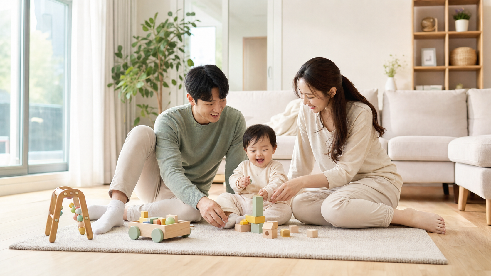 부모와 영유아가 거실 바닥에서 편안하게 노는 모습